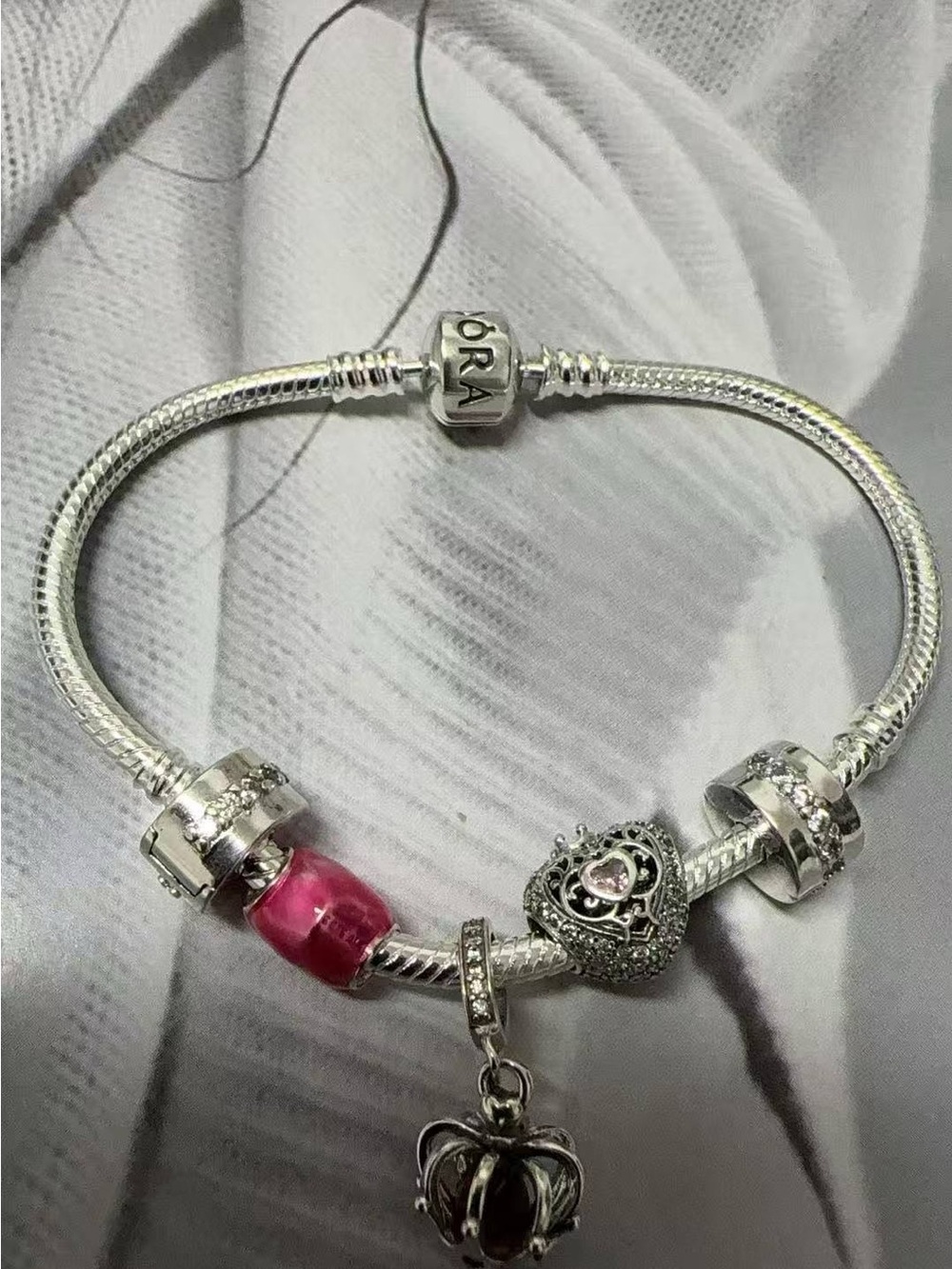 Pandora Silver Bracelet with Pink Murano and Heart Dangle